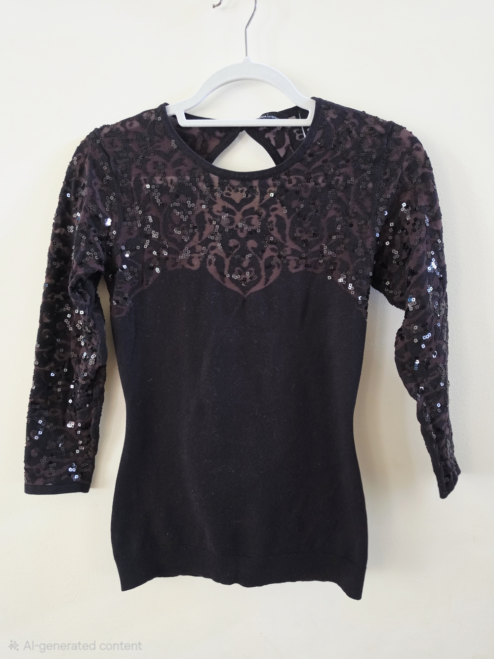 Moda International Black Sequin Sheer Crew Neck Sweater Size M